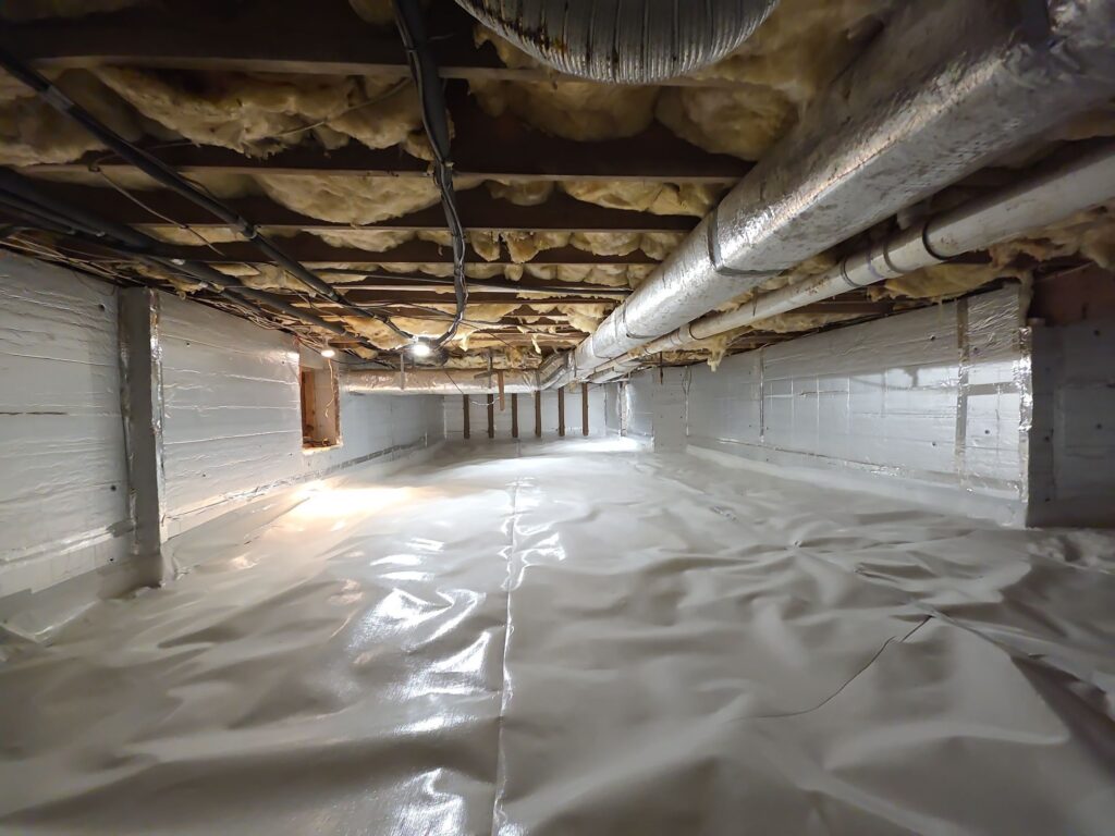 Clean crawlspace encapsulation with white vapor barrier, sealed walls, and insulated floor joists