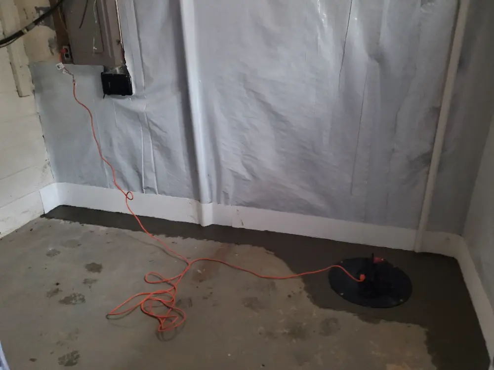 Hydrostatic pressure basement waterproofing system with sump pump collecting groundwater seepage at the basement floor-wall joint.